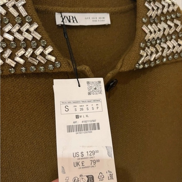 Zara ZW Collection 100% Wool Jewel Collar Cardigan Size XL - Picture 16 of 16